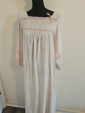 Vanity Fair Pale Pink Long-Sleeve Nightgown with Lace Trim